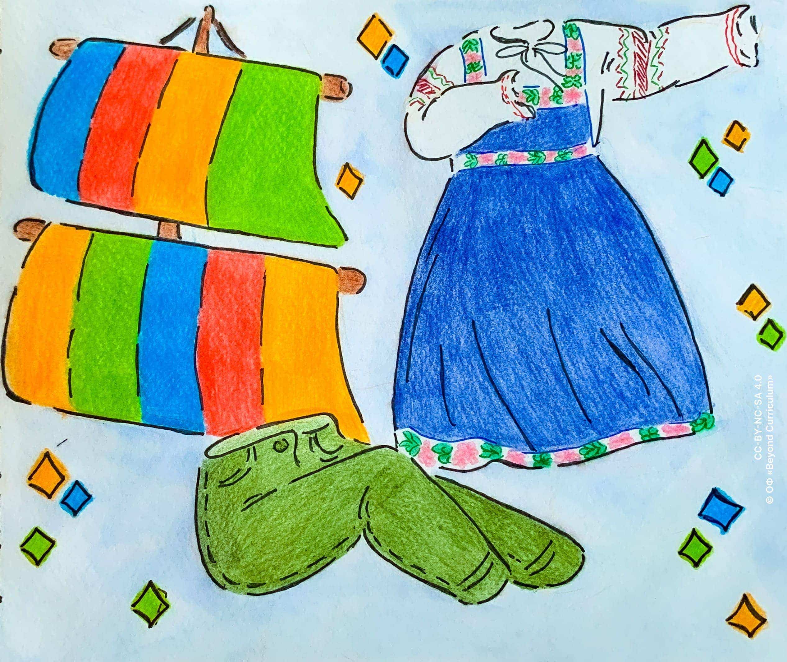 Изображены (слева) парус в вертикальную полоску из четырех цветов, (справа) льняное общевосточноевропейское традиционное платье с белым верхом, синим низом, и орнаментами, и (снизу) зеленые джинсы в позе сидящего человека.